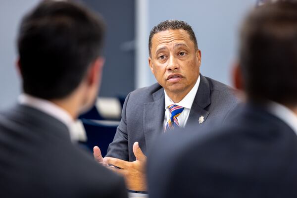 Fulton County Sheriff Patrick Labat speaks during a press interview at the district attorney’s office in Atlanta on Friday, July 12, 2024. Public safety officials presented findings from a report on repeat offenders. (Arvin Temkar / AJC)