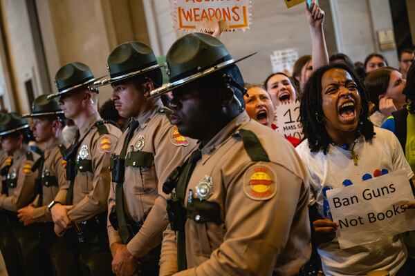 Protesters at the State Capitol in Nashville, Tenn., April 6, 2023. The Tennessee House voted on Thursday to expel several Democrats from the state legislature one week after they interrupted debate by leading protesters in a call for stricter gun laws in the wake of a shooting that left six dead at a Christian school. (Jon Cherry/The New York Times)