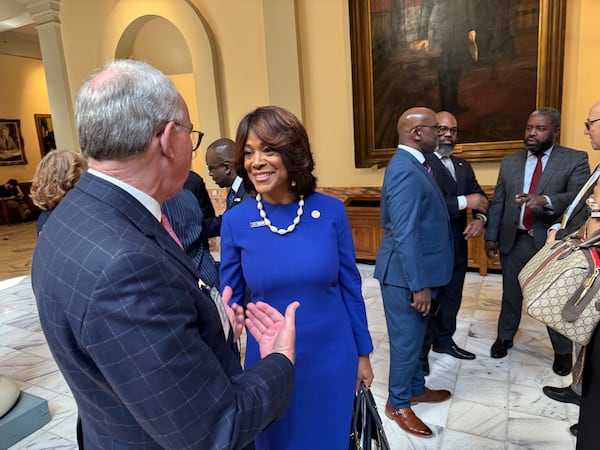 Morehouse School of Medicine President and CEO Valerie Montgomery Rice visits the Georgia state Capitol in Atlanta on Thursday. (Adam Beam/AJC)