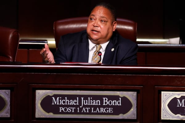 Atlanta Council member Michael Julian Bond speaks to the audience during the Council meeting on Monday, August 15, 2022. Miguel Martinez / miguel.martinezjimenez@ajc.com