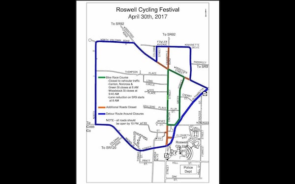 Several North Fulton roads will be closed on Sunday due to Roswell's cycling festival.