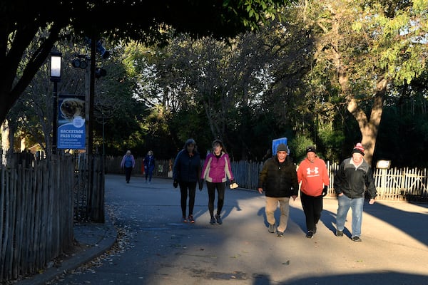 Members of the Get Healthy Walking Club walk the paths past the animal enclosures during the morning at the Louisville Zoo in Louisville, Ky., Friday, Oct. 18, 2024. (AP Photo/Timothy D. Easley)