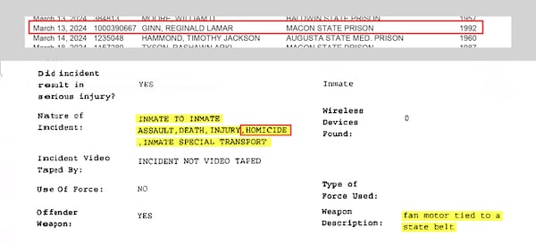 The GDC's mortality roster (top) lists Reginald Lamar Ginn, who died on March 13, 2024, at Macon State Prison. The incident report regarding his death (highlighted at bottom) shows that the agency reported his death as a homicide. (Georgia Department of Corrections)