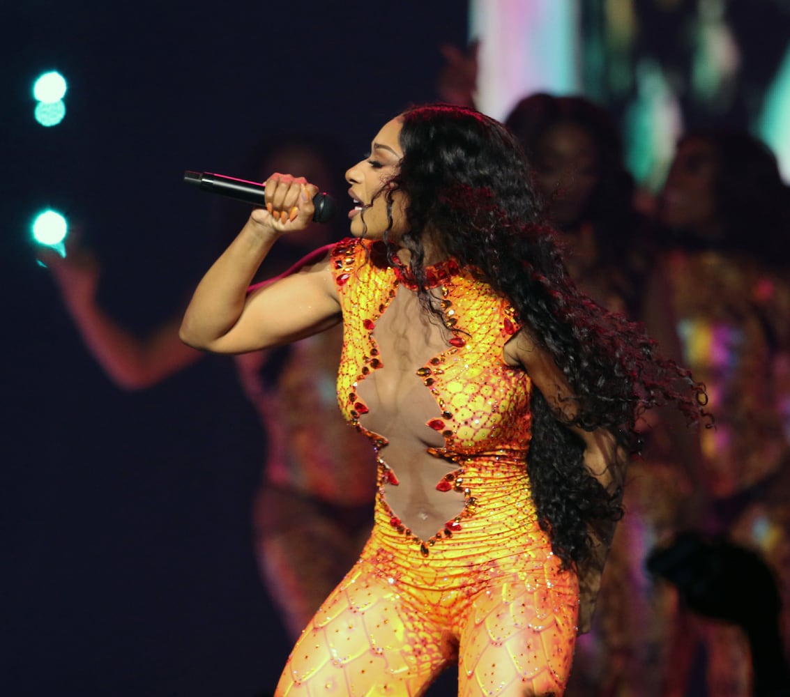 Megan Thee Stallion energized State Farm Arena on Sunday, June 2, 2024 on her Hot Girl Summer Tour, with GloRilla opening the show. Due to broken water lines in Downtown Atlanta, this first of two shows was originally scheduled for Friday night.
Robb Cohen for the Atlanta Journal-Constitution