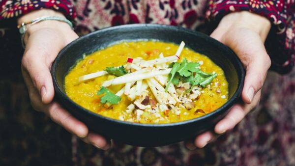 This red lentil stew is a lighter, vegan version of a Bangladeshi dhal dish.  