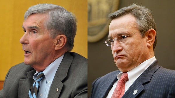 Former GA attorney general Mike Bowers and investigator Richard Hyde, during the APS trial in 2013. (KENT D. JOHNSON/KDJOHNSON@AJC.COM and BOB ANDRES  / BANDRES@AJC.COM)