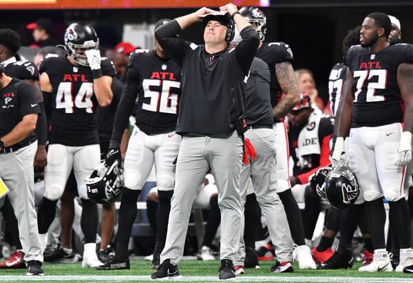 Atlanta Falcons' head coach Arthur Smith reacts during the first half of the final exhibition game of the preseason at Mercedes-Benz Stadium in Atlanta at on Saturday, August 27, 2022. (Hyosub Shin / Hyosub.Shin@ajc.com)