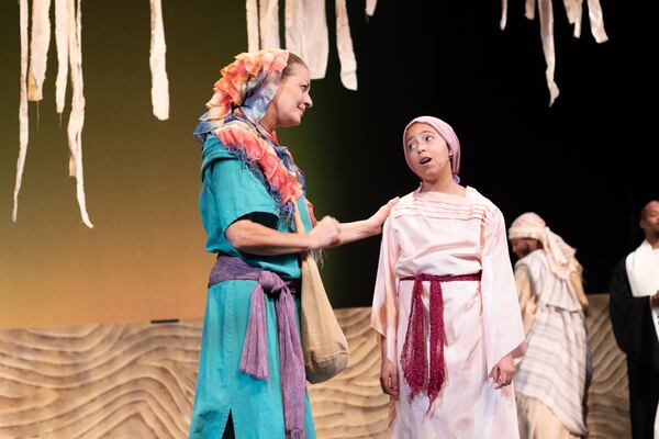 Kristin Markiton (as Mary’s mother, Anne) and Bria Coffey (as young Mary) at tech rehearsal  left to right