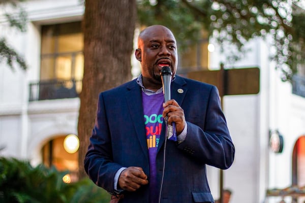 Savannah Mayor Van Johnson, speaks at the Good Trouble Vigil Saturday night in Johnson Square. Mayor Van Johnson is campaigning the For The People Act.