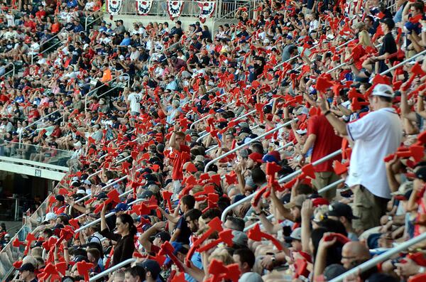 Braves fans wave red styrofoam tomahawks in unison on Monday, Oct. 8, 2018 at SunTrust Park. The Braves faced the Dodgers in Game Four of the NLDS. 