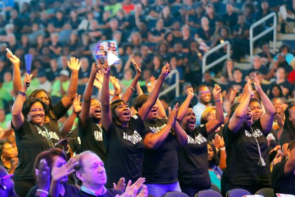 8/4/17 - Duluth, GA -  DeKalb County School District teachers and staff cheer performers.  They  traveled to the Infinite Energy Arena in Duluth for a pep rally  ahead of the new school year.    BOB ANDRES  /BANDRES@AJC.COM