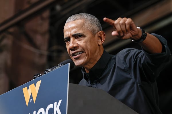 Former President Barack Obama campaigns for Sen. Raphael Warnock in Atlanta on Thursday, December 1, 2022. (Natrice Miller/natrice.miller@ajc.com)  