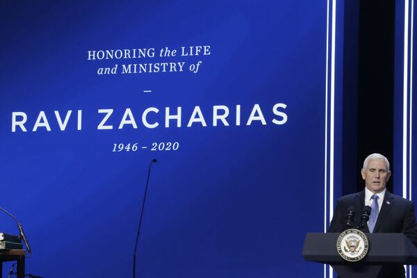 Vice President Mike Pence speaks at Passion City Church during a memorial service for evangelist and Christian apologist Ravi Zacharias on Friday, May 29, 2020, in Atlanta. The two had known each other for a number of years. AP PHOTO / BRYNN ANDERSON