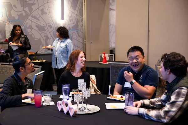 (Left to right) Harsh Shah, Lauren Jones, Tuan Ta and Joe Brennan participate in a “Pitch a Friend” dating event on Tuesday, February 11, 2025, at Main Event in Atlanta. CHRISTINA MATACOTTA FOR THE ATLANTA JOURNAL-CONSTITUTION.


