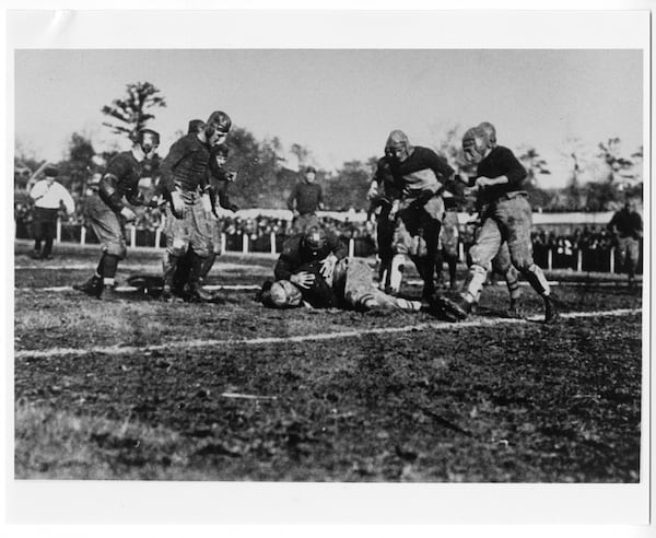 One of two known photographs from the Tech-Cumberland game. I suspect Tech was the team in the all-dark jerseys, infuriating alumni in the west stands. (GEORGIA TECH ARCHIVES)