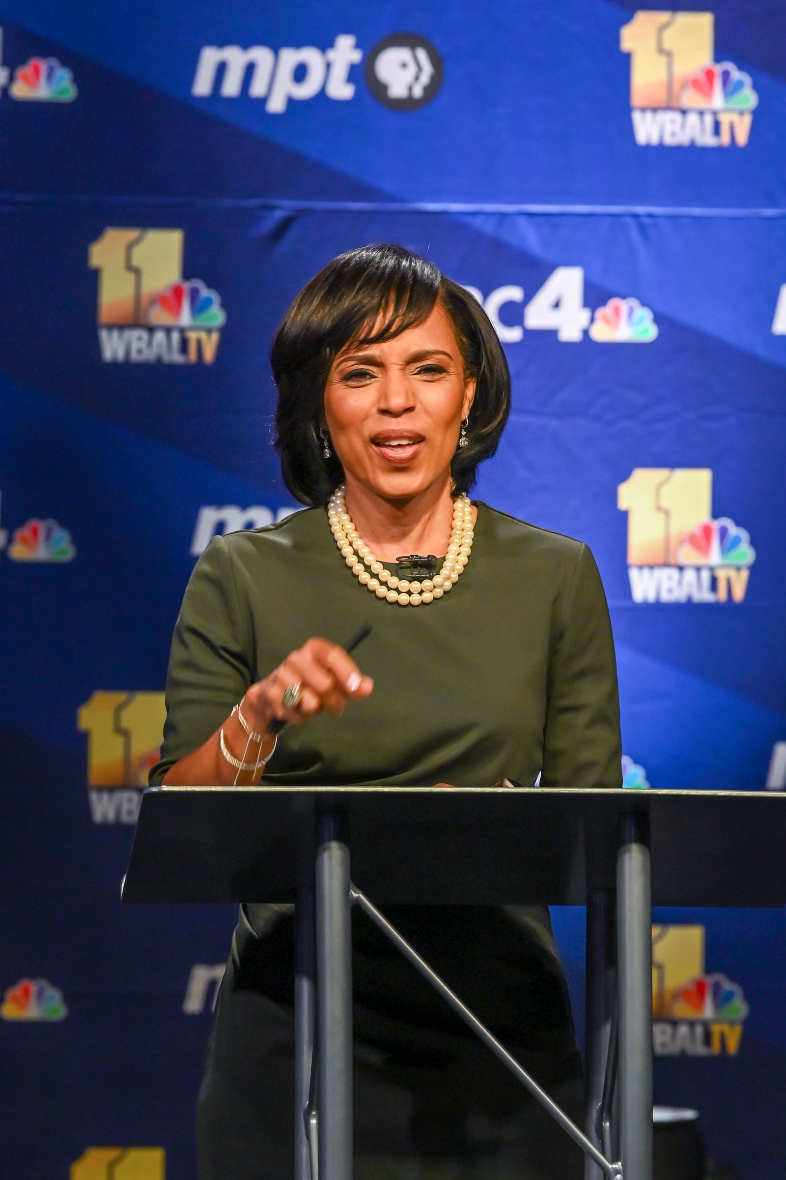 In this photo provided by Maryland Public Television, U.S. Senate in Maryland candidate Democrat Angela Alsobrooks speaks during a debate against fellow-candidate, Republican Larry Hogan at Maryland Public Television in Owings Mills, Md., Thursday, Oct. 10, 2024. (Michael Ciesielski Photography/Maryland Public Television via AP)