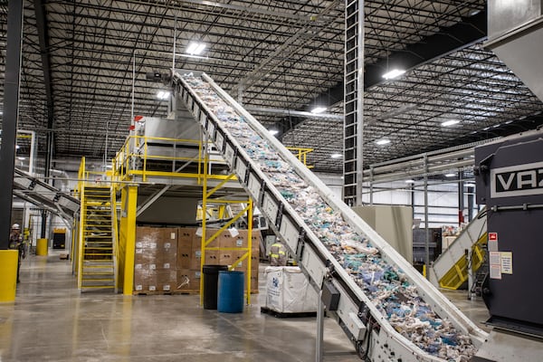 Plastic items are conveyed to machinery that shreds them into thumb-sized pellets, which will be vaporized with high heat then distilled into an oily liquid that can be used make diesel fuel, naptha and waxes. Brightmark plans to build a larger plastic recycling facility in Upson County. (Courtesy of Brightmark LLC)