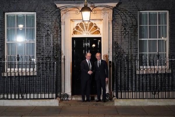 Britain's Prime Minister Keir Starmer welcomes Canada's Prime Minister Mark Carney to 10 Downing Street in London, Monday, March 17, 2025.(AP Photo/Alberto Pezzali)