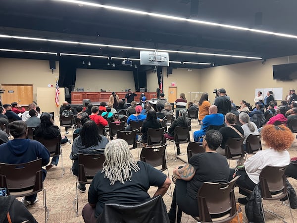 Community members gather Thursday night, Feb. 8, 2024, at the Patricia C. Vaughn Cultural Arts Center in Powder Springs to discuss safety concerns and possible solutions in the wake of last week's shooting at McEachern High School in Cobb County. (Cassidy Alexander / Cassidy.Alexander@ajc.com)