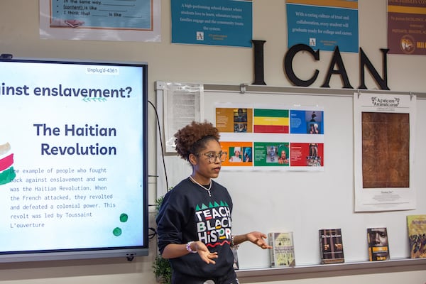 Kelsey Allen presents her project to her Advanced Placement African American Studies class at Maynard Jackson High School in 2023. The course will be the topic of discussion on the "Politically Georgia" show today.