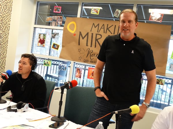 Jason Bailey and "Southside" Steve Rickman working the radiothon Friday afternoon on December 11, 2015. CREDIT: Rodney Ho/ rho@ajc.com