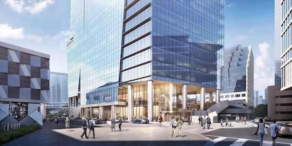 A rendering of a future office and condo tower to rise over Peachtree Road and Ga. 400 in Buckhead. On Monday, Regent Partners and Batson-Cook Development Co. announced a partnership with TIER REIT of Dallas to develop the new high-rise. Regent and Batson-Cook, meanwhile, plan an apartment tower (not pictured) on a portion of the site. 