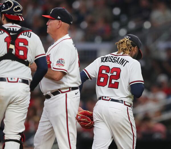 Braves starting pitcher Touki Toussaint is pulled from the game by Brian Snitker after giving up a 2-run homer during the fifth inning.    “Curtis Compton / Curtis.Compton@ajc.com”