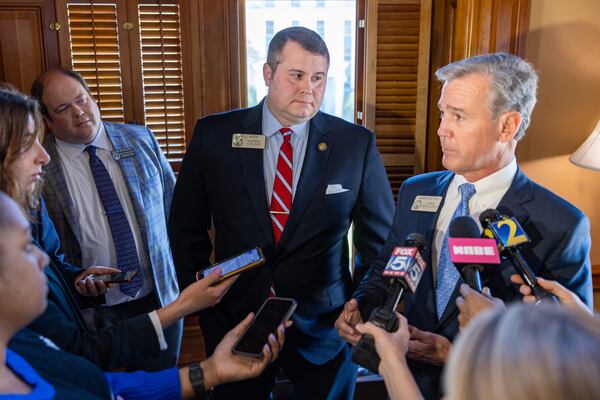 State Rep. Will Wade, R-Dawsonville, and Rep. Mark Newton, R-Augusta, speak to media following the passage of Senate Bill 140 in the Georgia House. Newton, an emergency physician, likened recommendations from various medical group supporting gender transition to guidance that was once given encouraging the prescription of opioids. “The science is still in the early stages of understanding and grappling with the tremendous rise in reports of gender dysphoria,” Newton said. (Arvin Temkar / arvin.temkar@ajc.com)