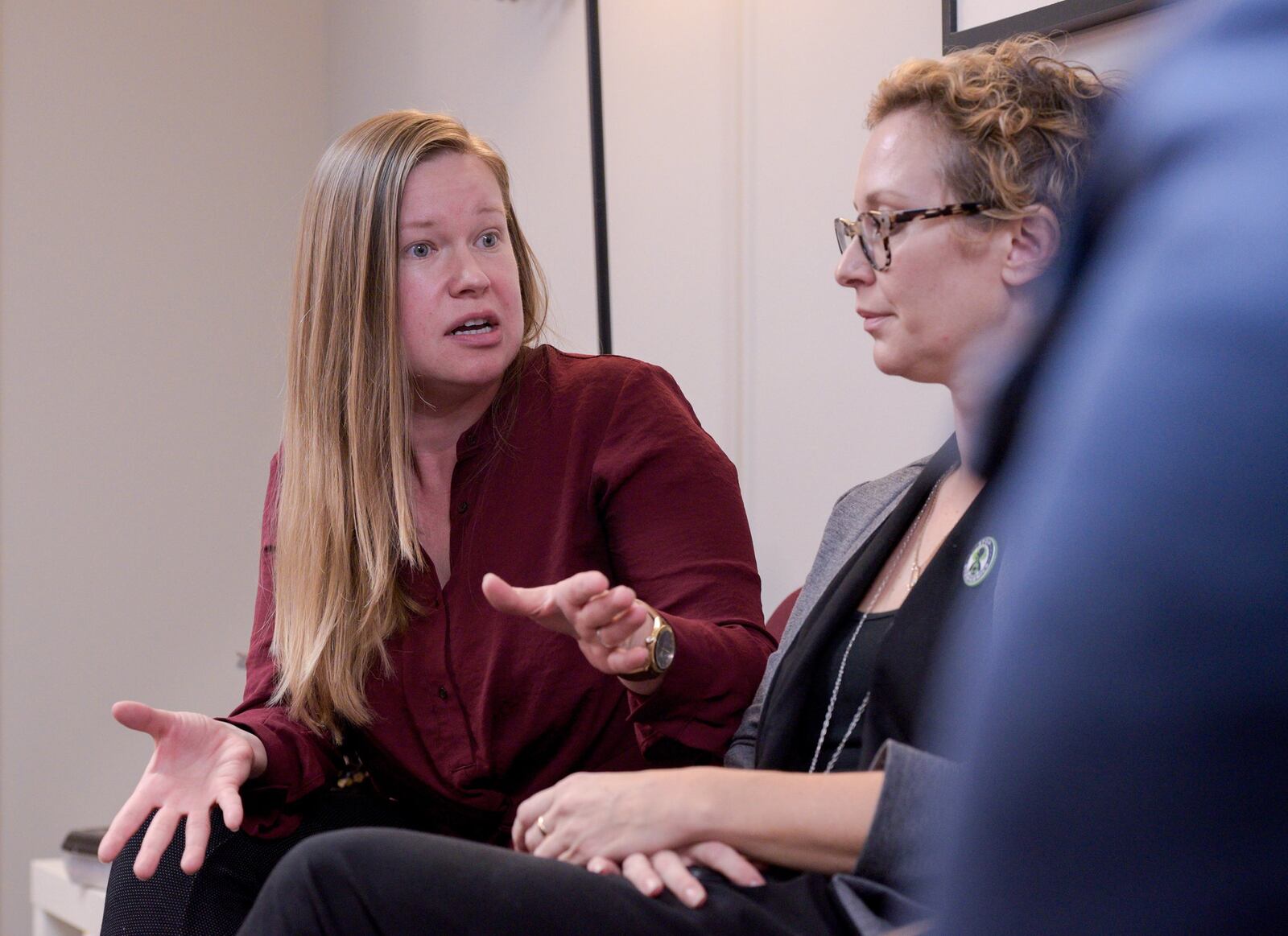 Activists, Joanna Chlystek, left, who helped to close down the a Sterigenics sterilization plant Willowbrook, IL that used ethylene oxide, talks about the organizations journey while at group members office on Wednesday, Oct. 9, 2019 in Clarendon Hills, IL. (Mark Black/For the AJC)