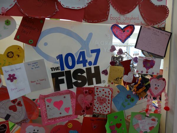 Fish 104.7 posted some of the Valentine's cards on the wall of Seacrest Studios at Children's Healthcare at Egleston. CREDIT: Rodney Ho/rho@ajc.com