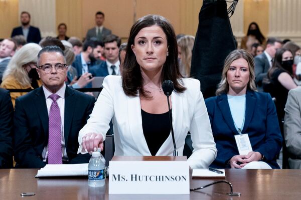 Cassidy Hutchinson, top former aide to Trump White House chief of staff Mark Meadows, appears before the House select committee investigating the Jan. 6 attack on the U.S. Capitol on June 28, 2022. She also testified before a special purpose grand jury in Fulton County. (Andrew Harnik/Pool/Abaca Press/TNS)