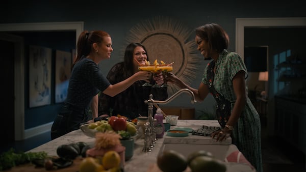 Sweet Magnolias. (L to R) JoAnna Garcia Swisher as Maddie Townsend, Brooke Elliott as Dana Sue Sullivan and Heather Headley as Helen Decatur in episode 404 of Sweet Magnolias. Credit: Courtesy of Netflix/© 2024 Netflix, Inc.