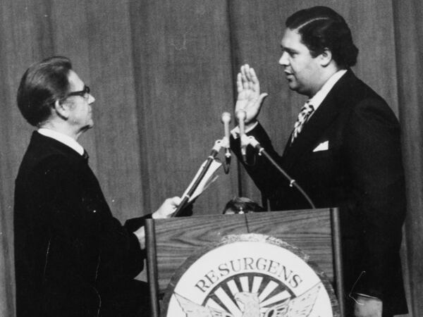 Judge Luther Alverson (left) administers the oath of office to Maynard Jackson on Jan. 7, 1974, in Atlanta. (AJC)