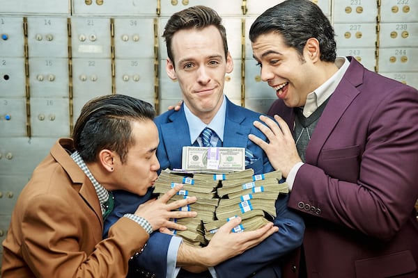 Aurora Theatre’s musical comedy “Men With Money” features Kenny Tran (from left), Sean Doherty and Marcello Audino. CONTRIBUTED BY CHRIS BARTELSKI