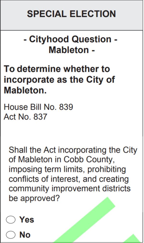 This is how the ballot question for Mableton cityhood appeared on ballots in November 2022, according to a sample ballot from Cobb County Elections. Cobb County