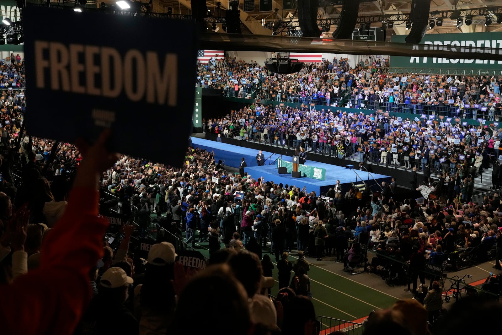 Democratic presidential nominee Vice President Kamala Harris speaks during a campaign rally at Jenison Field House on the campus of Michigan State University, Sunday, Nov. 3, 2024, in East Lansing, Mich. (AP Photo/Jacquelyn Martin)