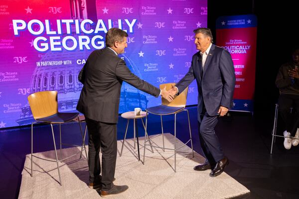 AJC reporter Greg Bluestein interviews U.S. Sen Joe Manchin, D-West Virginia, for an AJC Town Hall at Georgia State University in Atlanta on Friday, January 26, 2024. (Arvin Temkar / arvin.temkar@ajc.com)