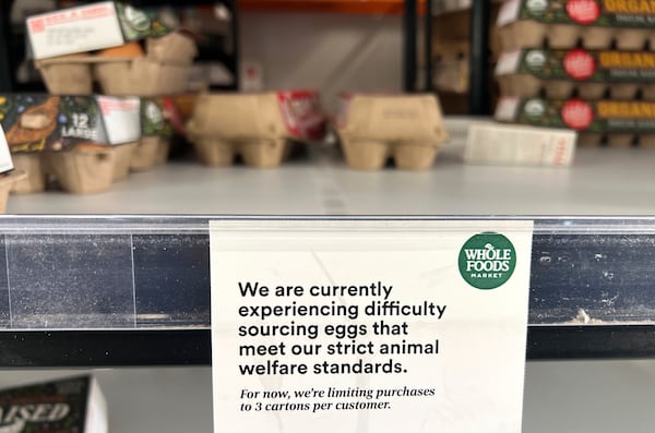 A sign limiting the purchase of eggs is displayed in a supermarket on Thursday, March 13, 2025, in Miami. (Lynne Sladky/AP)