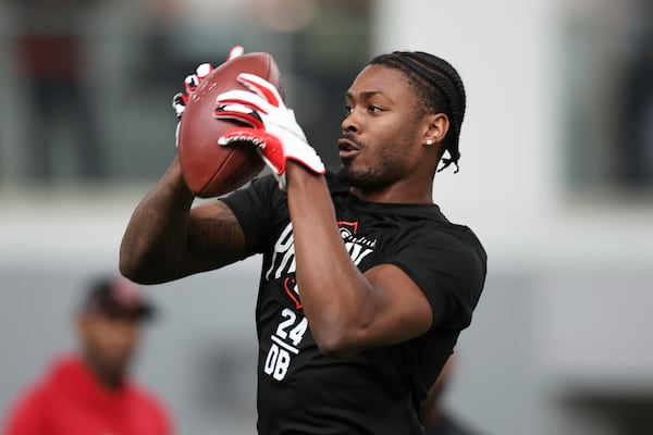 Georgia's Malaki Starks (24) runs a drill during the school's NFL Pro Day, Wednesday, March, 12, 2025, in Athens, Ga. (AP Photo/Colin Hubbard)