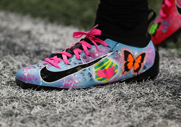 Falcons running back Cordarrelle Patterson supports "pregnancy & infant awareness" as NFL players reveal their passions beyond the game and wear their hearts on their feet through My Cause My Cleats as he prepares to take on the Buccaneers in a NFL football game on Sunday, Dec 5, 2021, in Atlanta.   “Curtis Compton / Curtis.Compton@ajc.com”`