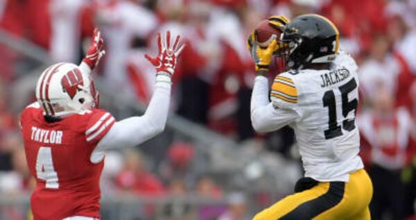 Iowa cornerback Josh Jackson making an interception against Wisconsin.