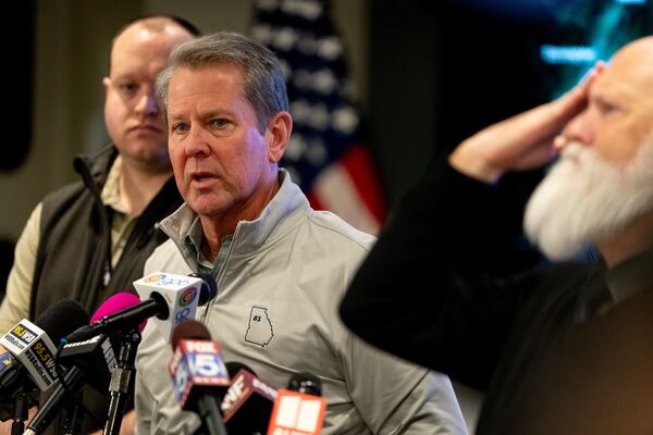 Gov. Brian Kemp and other officials give a news conference at the Georgia Emergency Management headquarters ahead of the upcoming winter storm on Tuesday, Jan. 21, 2025. (Ben Hendren for the AJC)