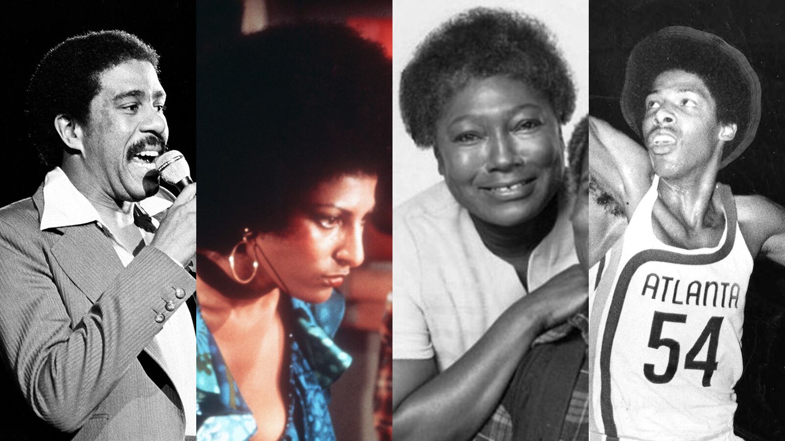 Afros were common in the 1970s: comedian Richard Pryor in 1977; Pam Grier in the 1974 film "Foxy Brown"; Esther Rolle as Florida Evans in "Good Times," which premiered in 1974; and Julius "Dr. J" Erving when he briefly played for the Atlanta Hawks in 1972 (his hair was accented for publication in this photo). (AP file; CBS Television; Chuck Vollersten / AJC file)