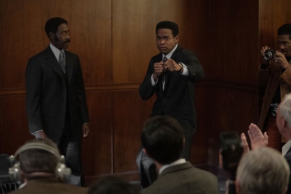 Don Cheadle (left) portrays Atlanta police officer JD, and Dexter Darden is Muhammad Ali in "Fright Night: The Million Dollar Heist" on Peacock.  (Photo: Eli Joshua Adé/Peacock)