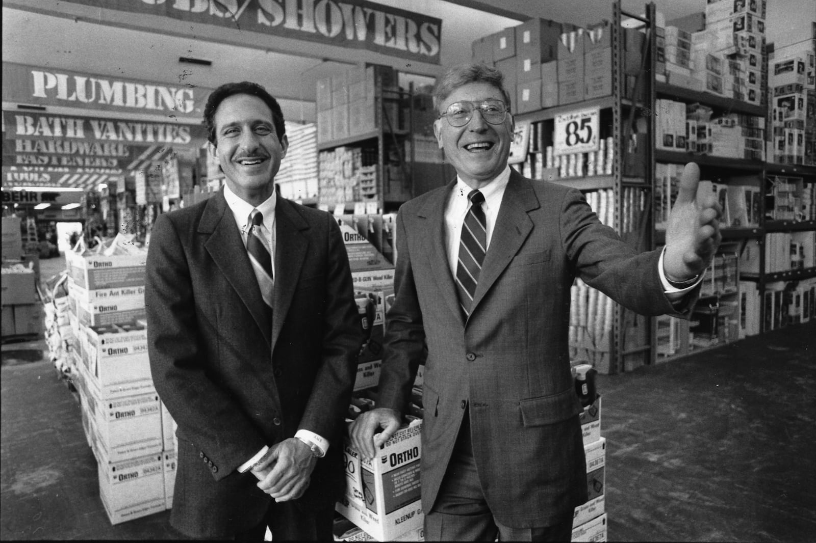 Home Depot executives Arthur Blank, President, and Bernard Marcus, Chairman and CEO in a Home Depot on April 14, 1987. (Nick Arroyo/AJC