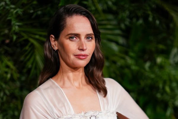 Felicity Jones arrives at Chanel's 16th Annual Pre-Oscar Awards Dinner on Saturday, March 1, 2025, at The Beverly Hills Hotel in Beverly Hills, Calif. (Photo by Jordan Strauss/Invision/AP)