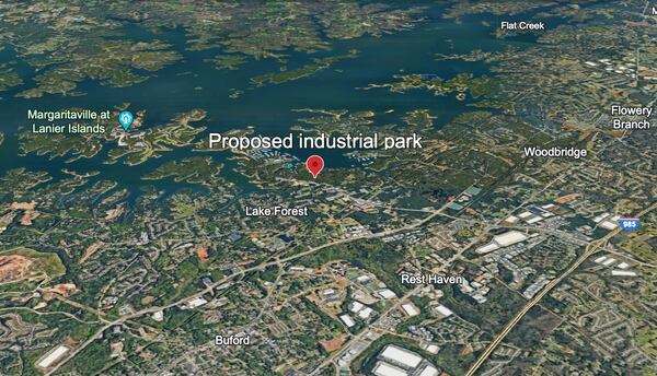 This is an aerial map showing the approximate location of the proposed Buford Creek Business Center near Lake Lanier.