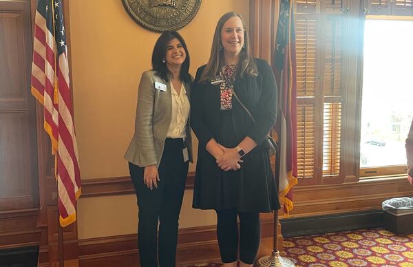 The Rev. Andi Woodworth (right) with State Rep. Saira Draper, D-Atlanta, after offering the opening devotion before the Georgia House of Representatives, Monday, March 11, 2024. Courtesy of Michelle Baruchman