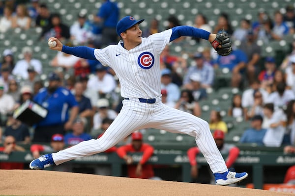 FILE - Chicago Cubs starter Hayden Wesneski delivers a pitch during the first inning of a baseball game against the Los Angeles Angels, Sunday, July 7, 2024, in Chicago. (AP Photo/Paul Beaty, File)