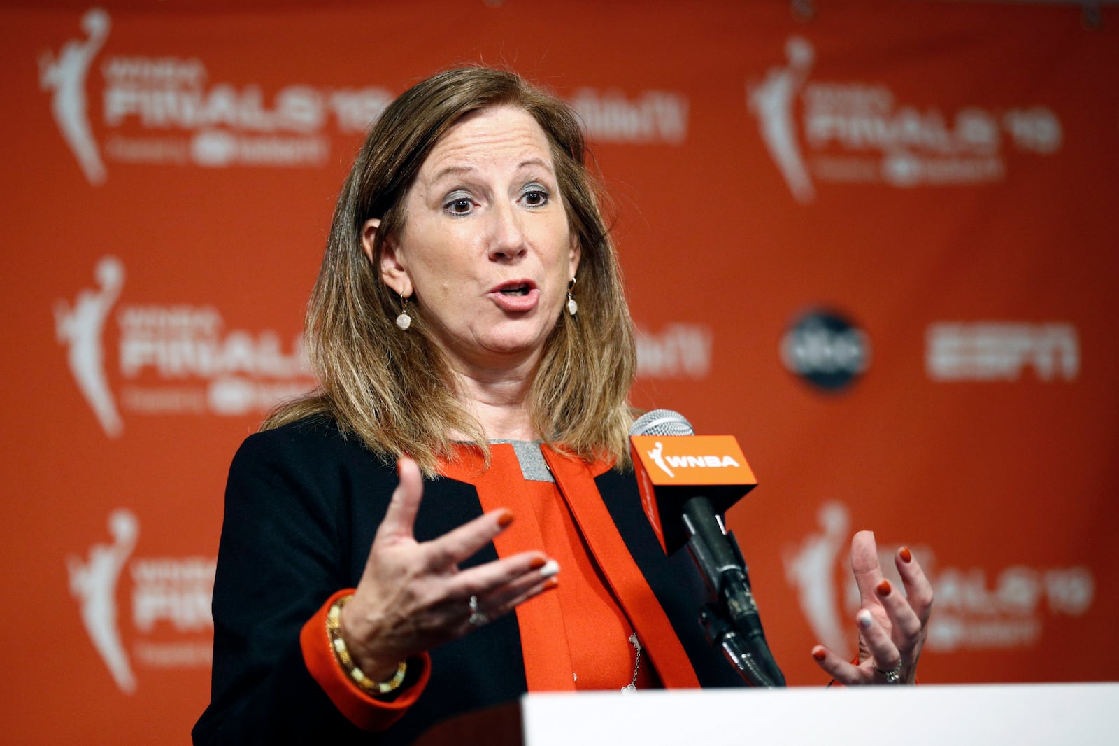 FILE - WNBA Commissioner Cathy Engelbert speaks at a news conference before Game 1 of basketball's WNBA Finals between the Connecticut Sun and the Washington Mystics, Sunday, Sept. 29, 2019, in Washington. The WNBA will expand its Finals next year to a best-of-7 format the league announced on Thursday, Oct. 10, 2024. (AP Photo/Patrick Semansky, File)